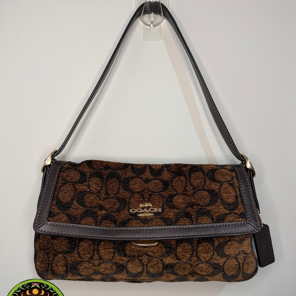 Coach Brown Signature Jacquard Flap Shoulder Bag with Dark Brown Trim